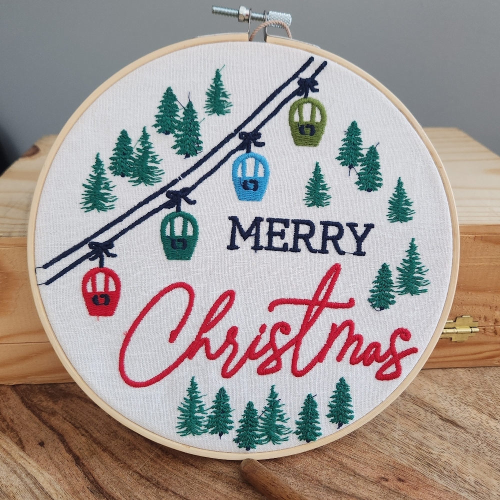 Embroidered Merry Christmas Ski Lift and Tree Round Decor